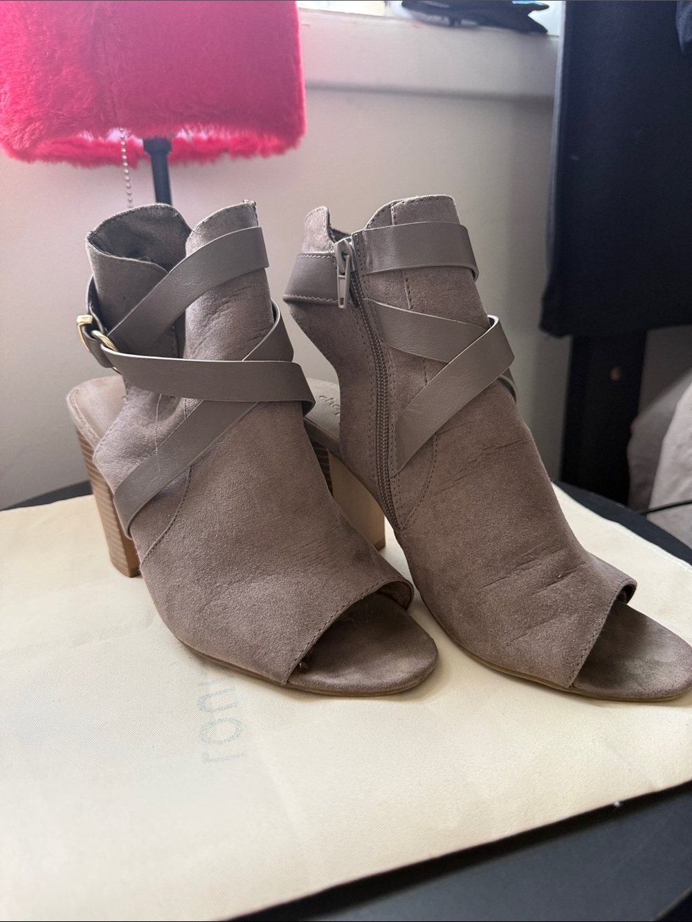 Charlotte Russe Taupe Suede Peep-Toe Ankle Heeled Boots
